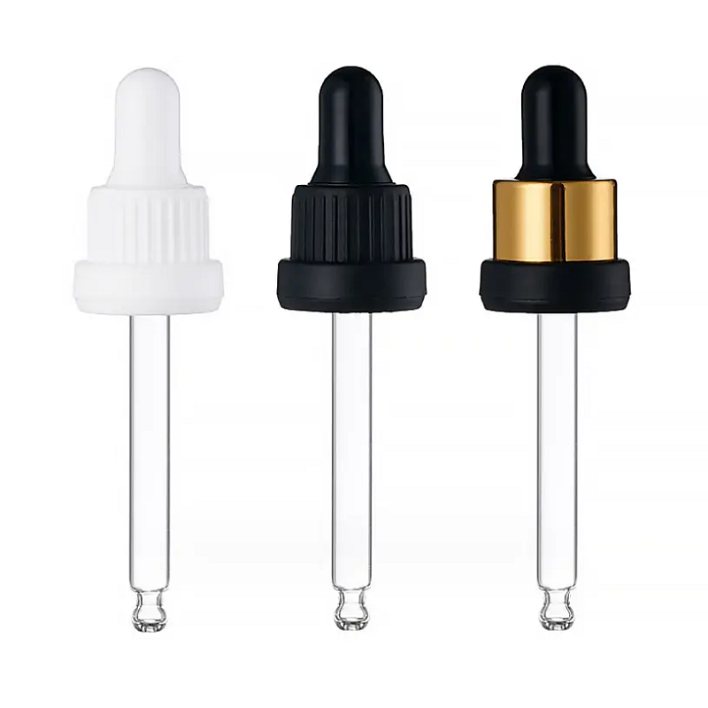 Clear Pipette classic black tamper ring glass dropper top with black ribbed cap and black silicone teat 18mm