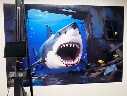 Wall printer prints 3D shark indoors