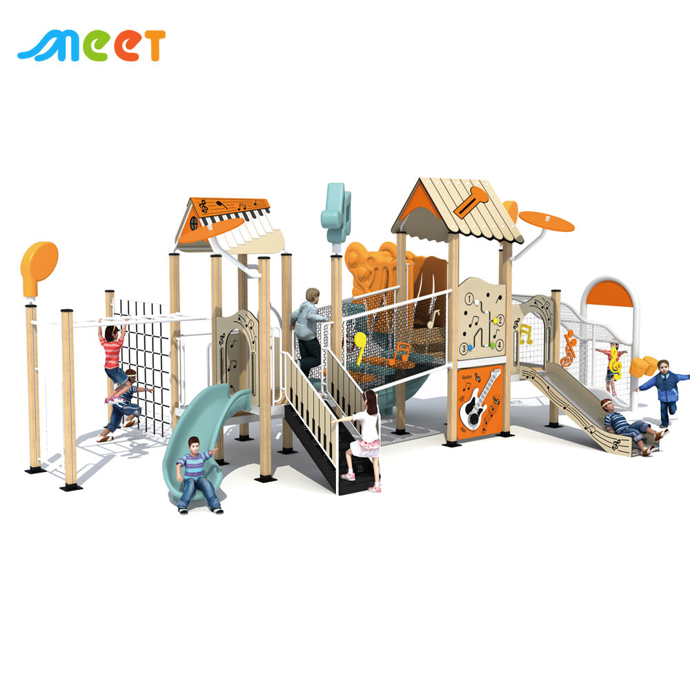Ensemble d'aire de jeux extérieure avec toboggan en bois MT-LSM009