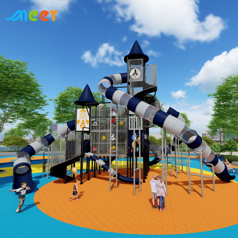 อุปกรณ์สนามเด็กเล่นกลางแจ้งคุณภาพสูง พร้อมสไลด์ยาวและส่วนประกอบสำหรับปีนป่าย ออกแบบมาเพื่อรองรับการใช้งานพร้อมกันของเด็กหลายคน MT-DZT092