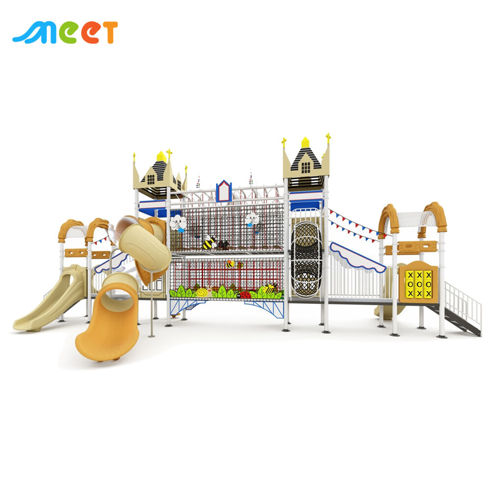 Cơ sở vật chất giải trí – Sân chơi ngoài trời cho trẻ em, nhà vui chơi ngoài trời, thiết bị leo trèo kết hợp dây thừng và cầu trượt làm từ gỗ MT-DZT107