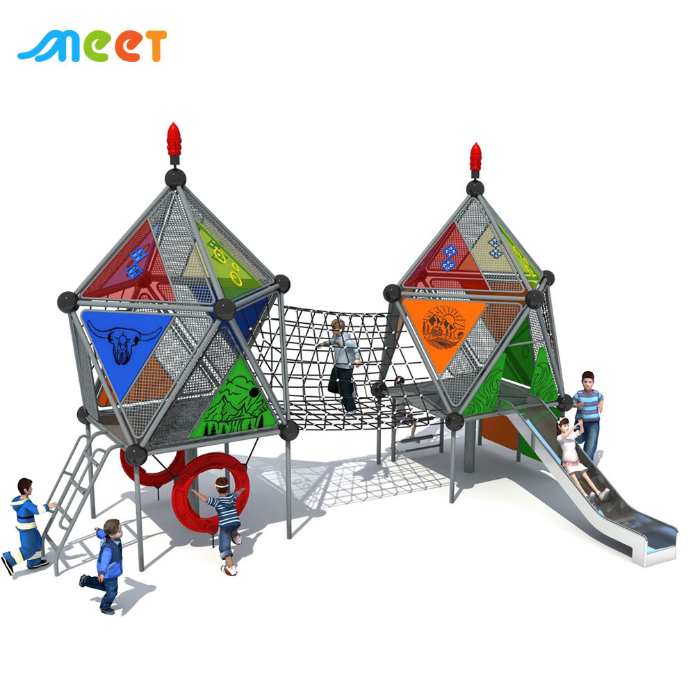 Bộ trượt hai tầng bằng nhựa và ống kim loại cho trẻ em với chủ đề không gian thiết kế riêng, dành cho 10–20 trẻ, dùng ngoài trời cho công viên vui chơi trẻ em MT-DZT110