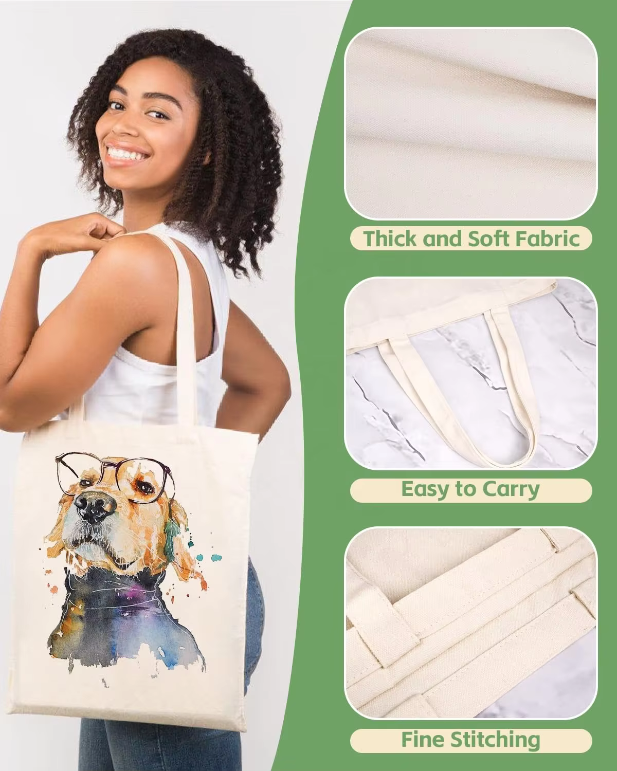 Wholesale Custom Reusable Zipper Shopping Bag Canvas Tote with Heat Transfer Printed Logo and Rope Handle Letter Patterned Gift details