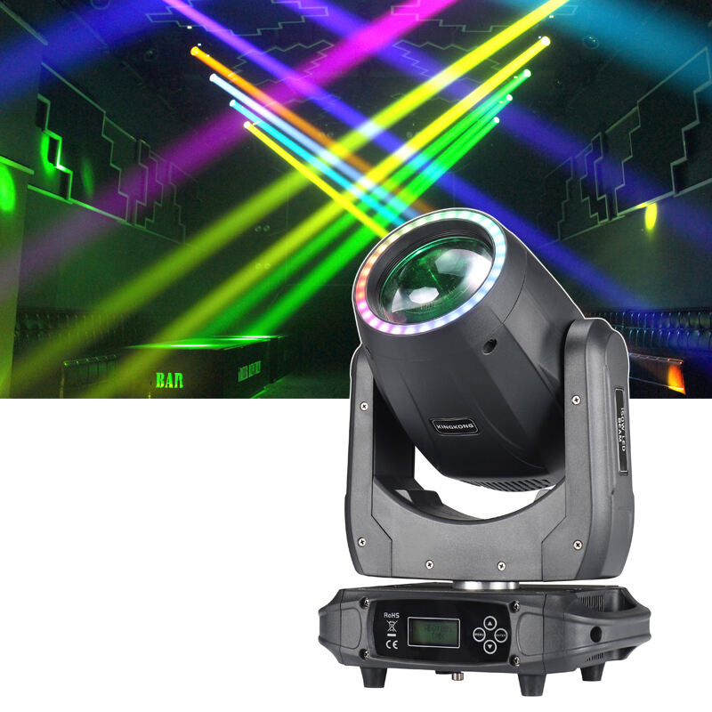 ไฟเลเซอร์แบบ Beam 150 วัตต์ จากโรงงาน AOPU พร้อมปริซึม 8 ชิ้น ใช้หลอด LED RGB 3IN1 จำนวน 30 ดวง X 0.2 วัตต์ ไฟวงแหวน LED แบบเคลื่อนที่หัวสวิงสำหรับคอนเสิร์ต