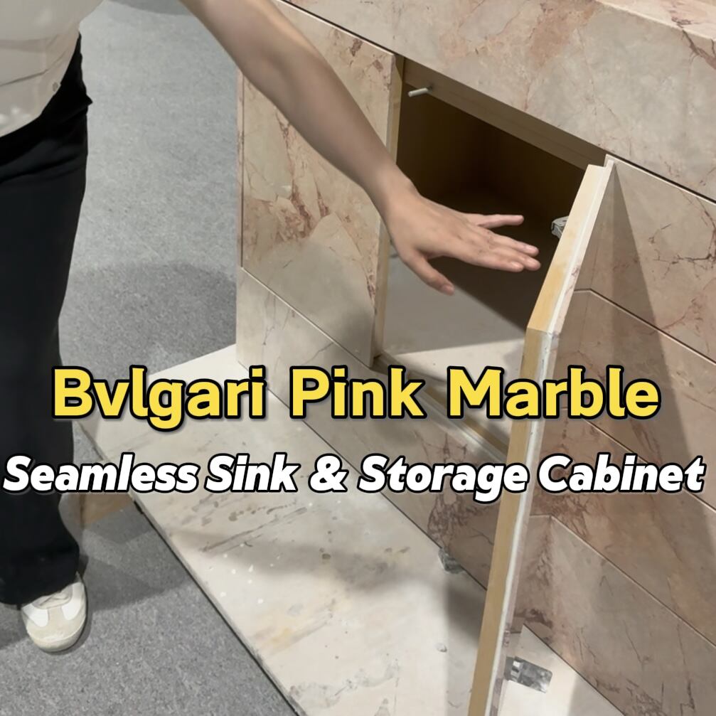 Worried heavy stone doors shorten service life? This Bulgari Pink stone bathroom vanity with wood design solves the prob