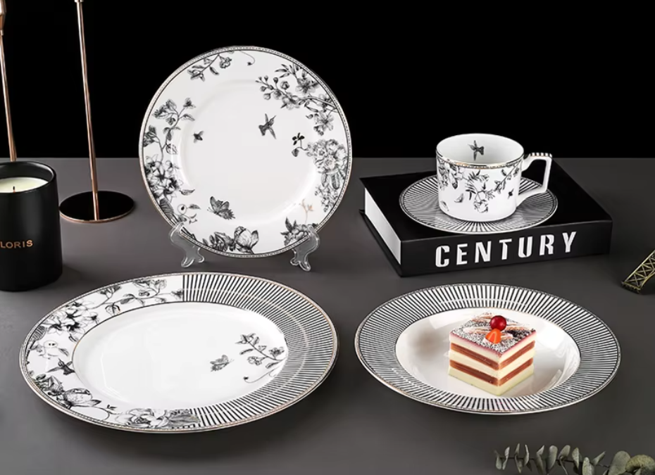 Stoviglie in porcellana personalizzate – Piatti in ceramica con rilievo classico minimalista, set da 4 | Personalizzati su ordinazione OEM/ODM