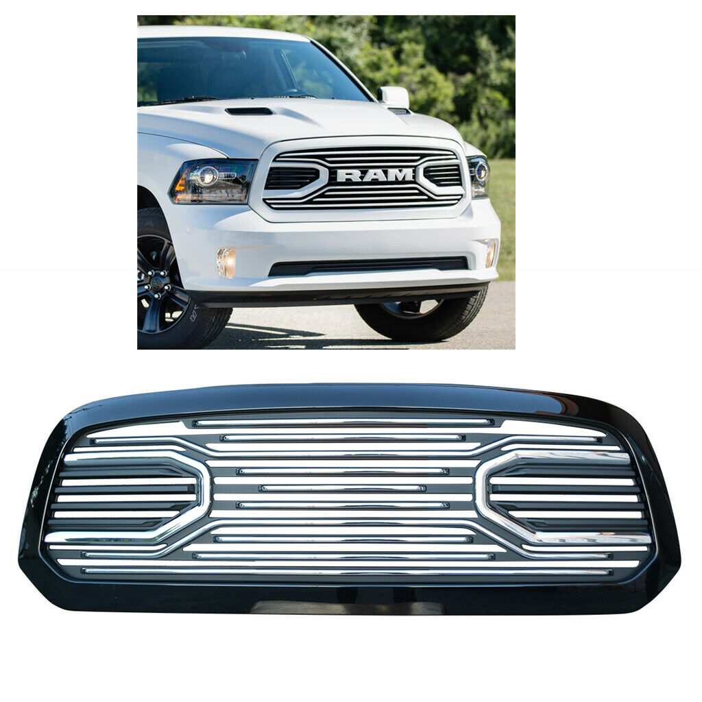 For 13-18 Ram 1500 Big Horn Style Front Bumper Grille Painted Glossy Black Frame