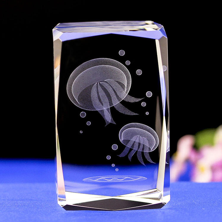 Bloque de cristal grabado con láser con foto 3D de medusas como recuerdo