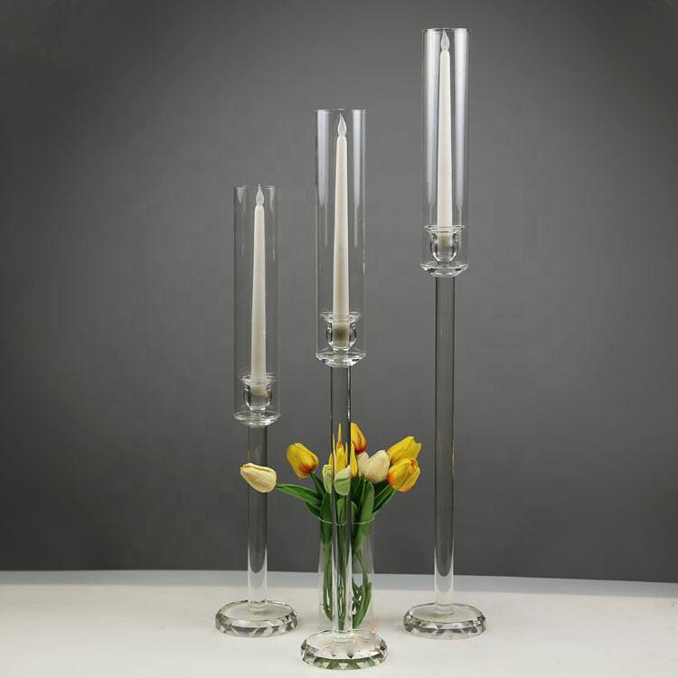 SmallBridge Crystal Single Head Wedding Event Decorations Glass Tube Candlesticks Crystal Candle Holder Set