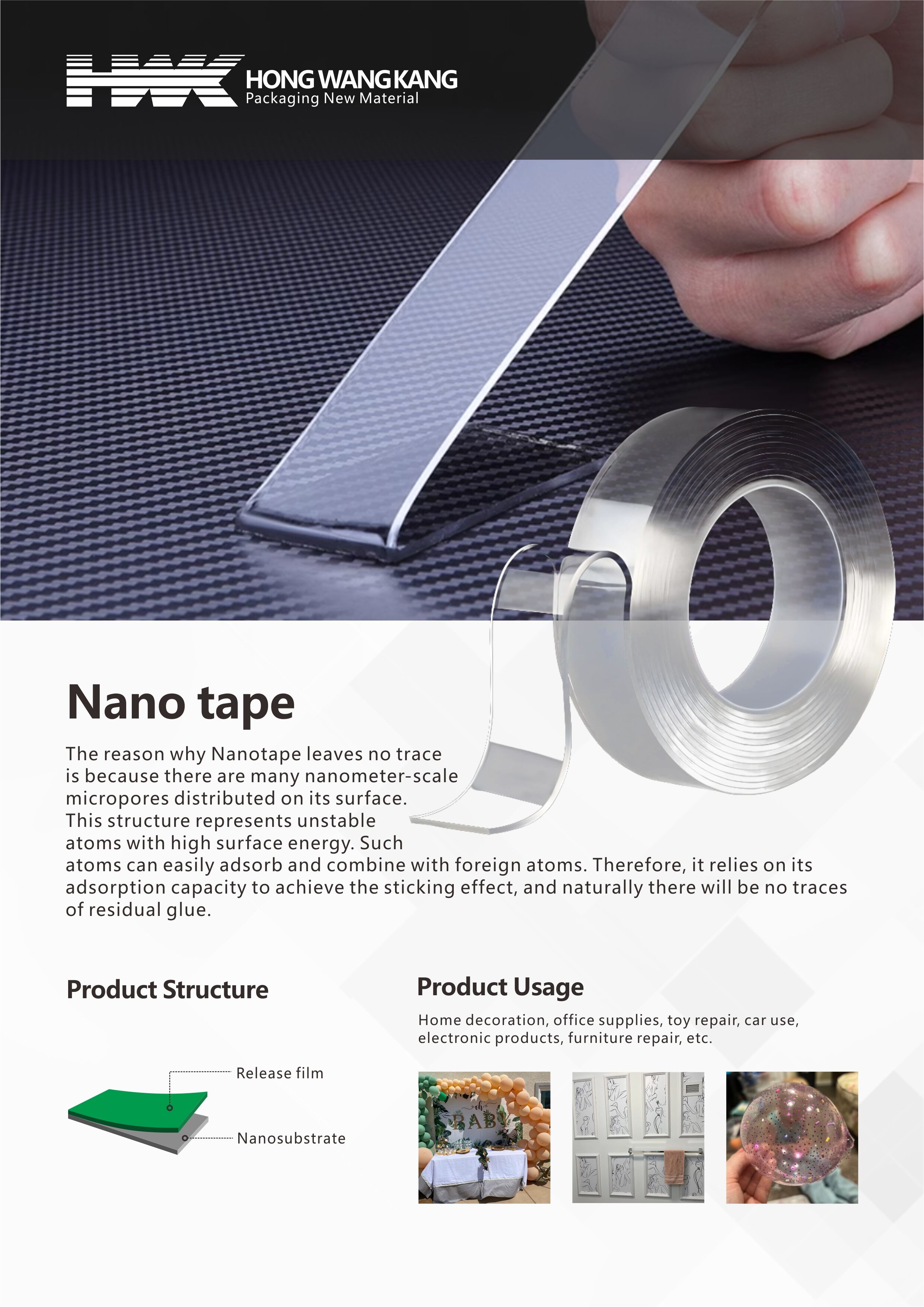 HWK nano tape is moisture-proof stretchable traceless and transparent for sockets photo frames carpets automotive supplies manufacture