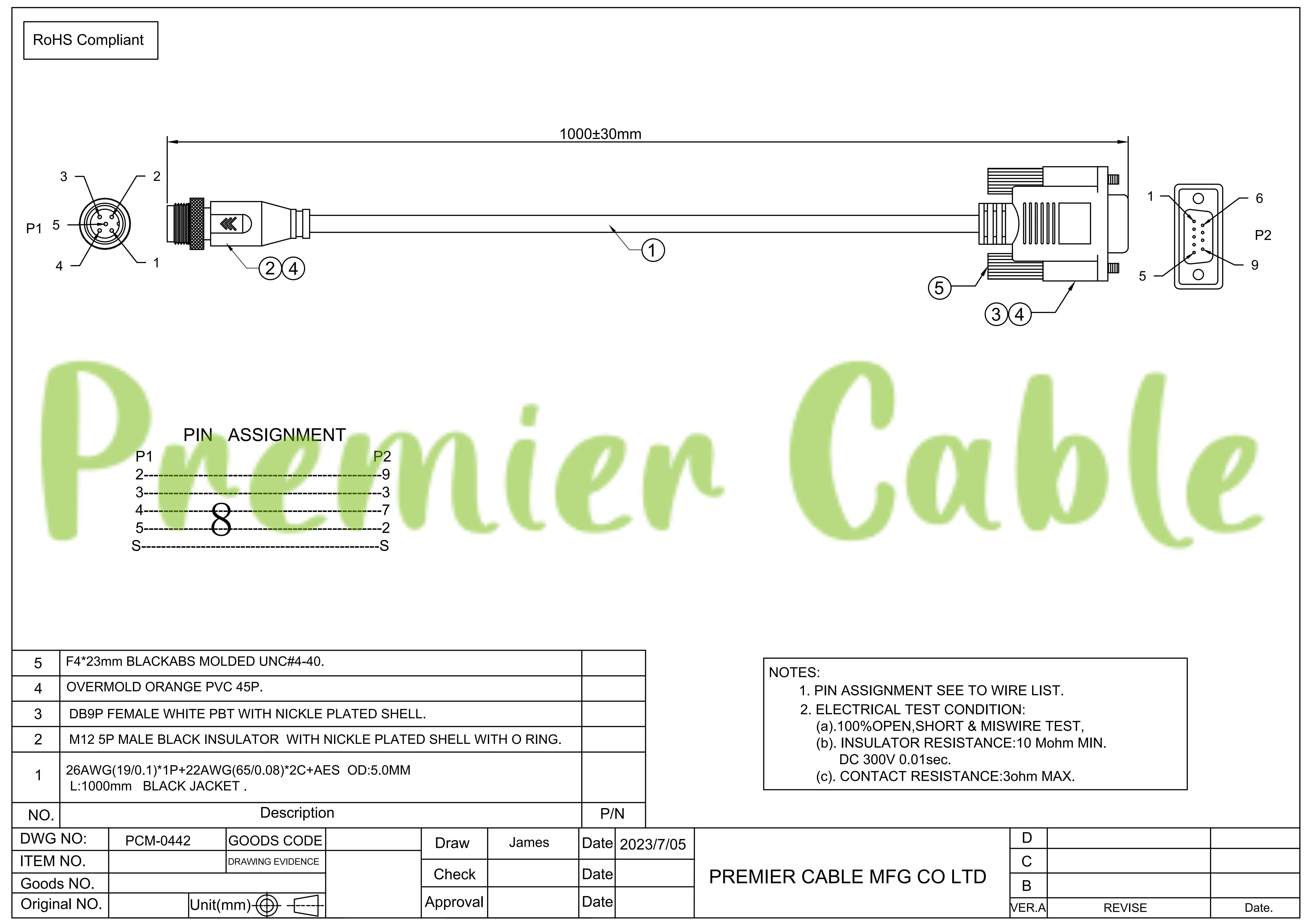 تفاصيل كابل محول M12 A Code 5 Pin Male إلى DB9 Female لـ CAN Bus وNMEA2000