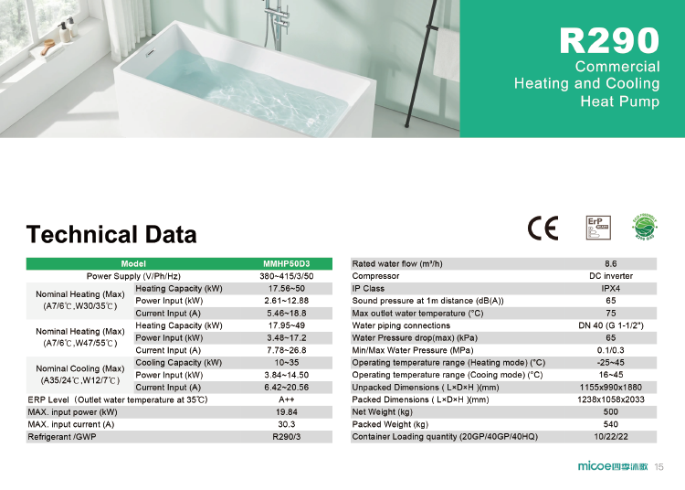 MICOE Commercial 50kw House Heating Heat Pump R290 Refrigerant With A+++ ERP ქარხნული