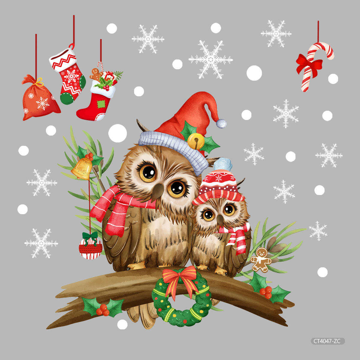 Christmas tree branches cartoon owl glass stickers Christmas window decoration stickers self-adhesive wall stickers