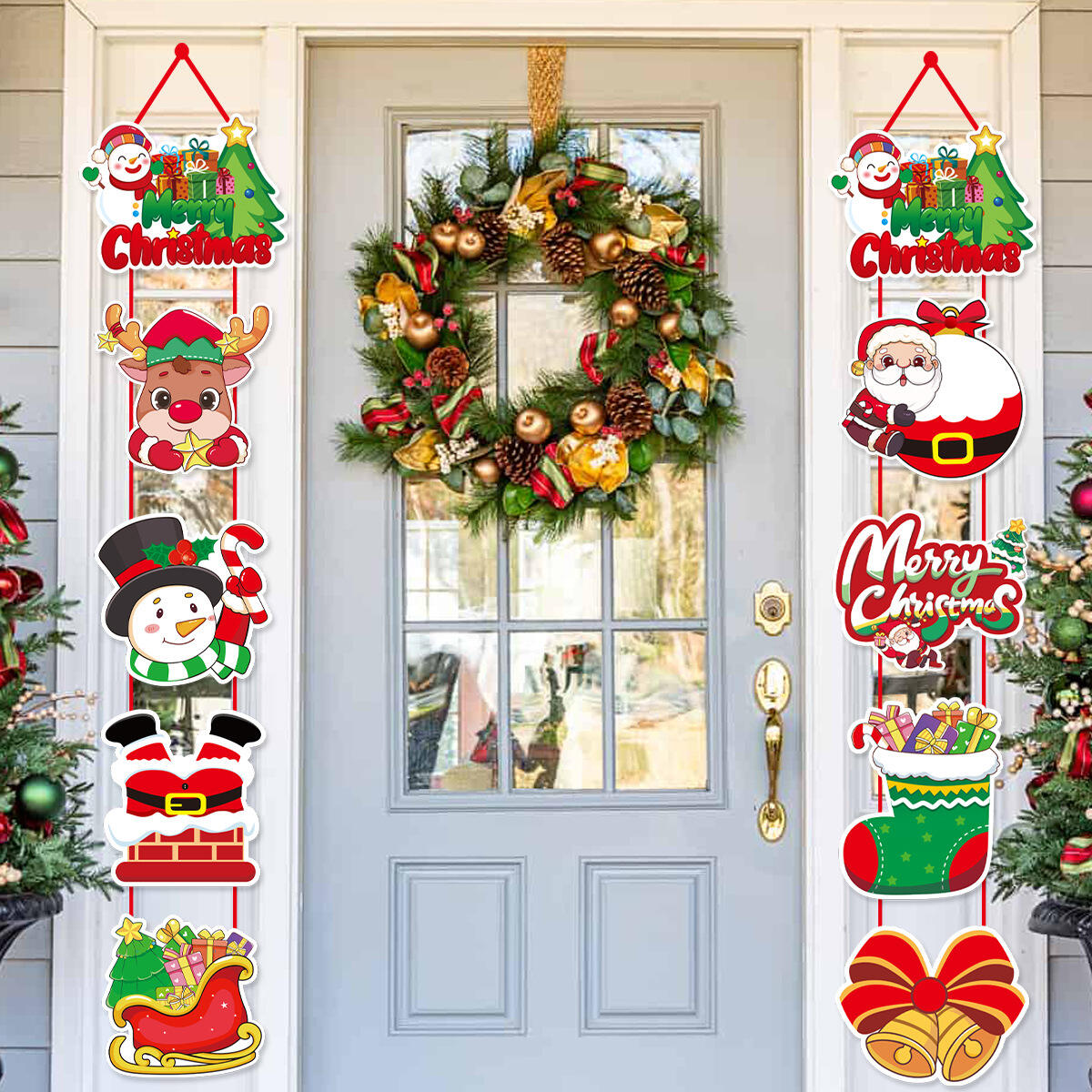 2024 Christmas Decorations Santa Claus Snowman Cartoon Door Hanging Couplets Christmas Paper Door Hanger