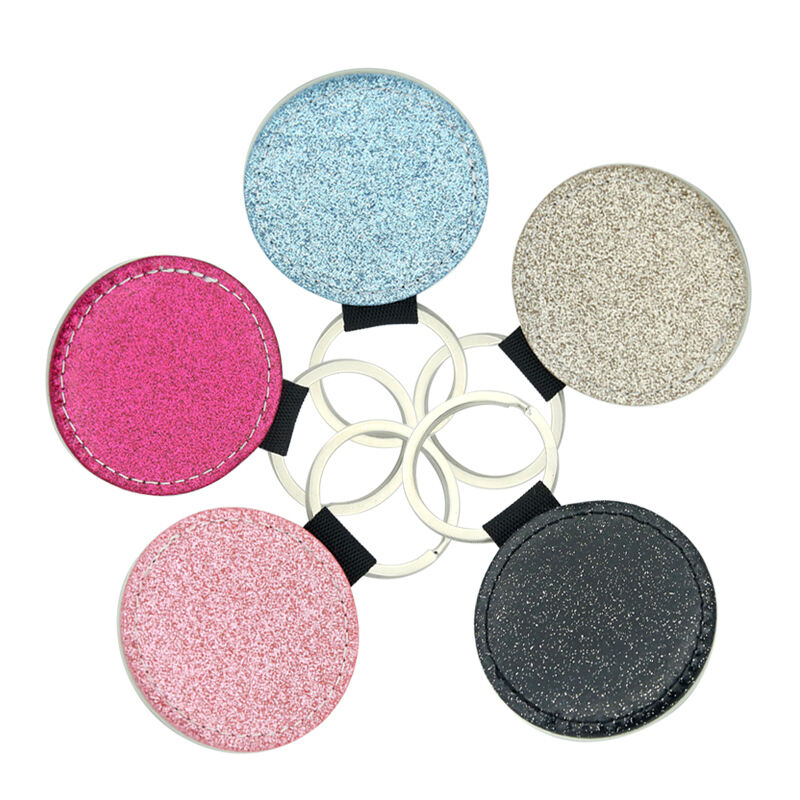 Porte-clés rond en simili cuir scintillant par sublimation - Impression recto seul