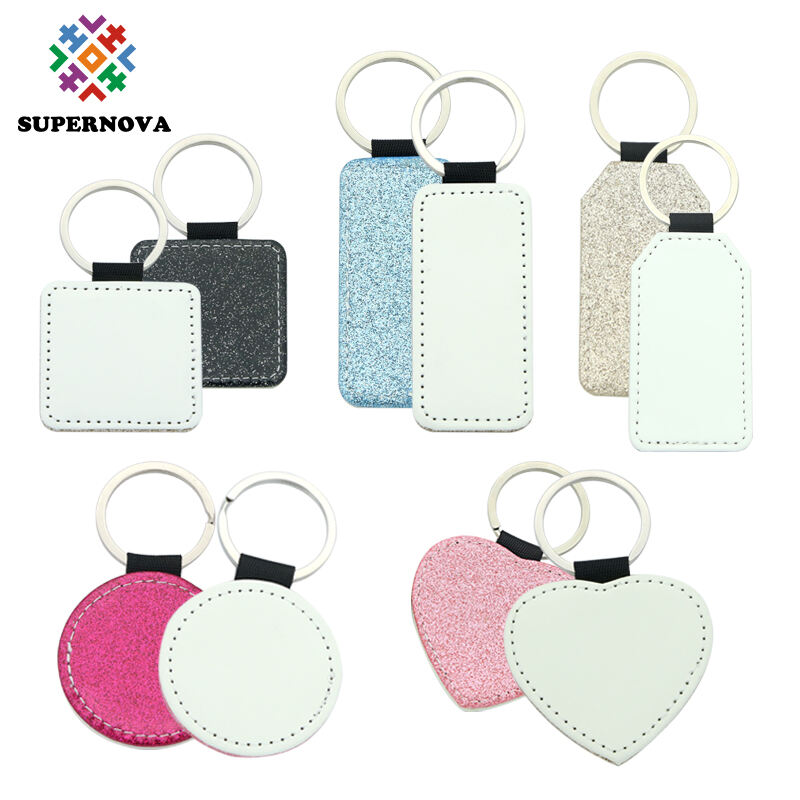Porte-clés rectangulaire en simili cuir scintillant par sublimation - Impression recto seul
