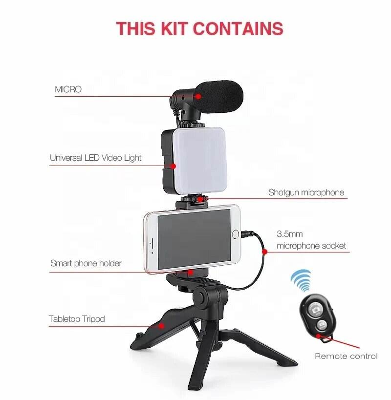 Hsu equipamento de podcast de vídeo com tripé, suporte para telefone, mini microfone, luz de preenchimento led, starter para tiktok, transmissão ao vivo de vídeo no youtube