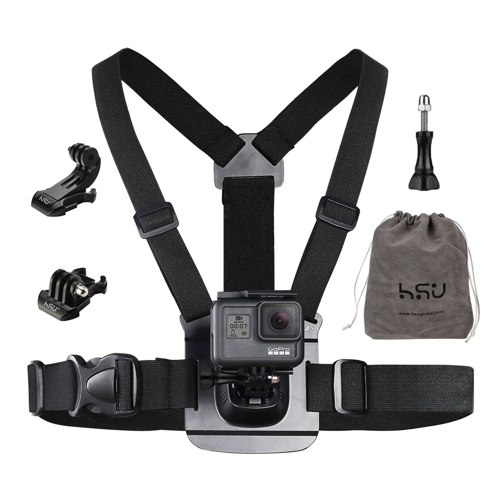 HSU Arnês de montagem no peito Chesty Strap Sports Cameras Body Strap com J Hook e fivela de liberação rápida Clip Mount para todas as câmeras GoPro