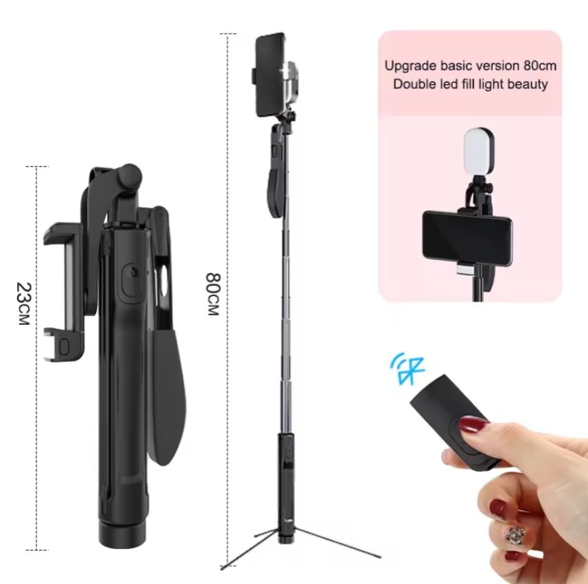 Tripé Selfie Stick com Luz de Preenchimento de Beleza para todos os smartphones Gimbal Mobile Preto 80cm