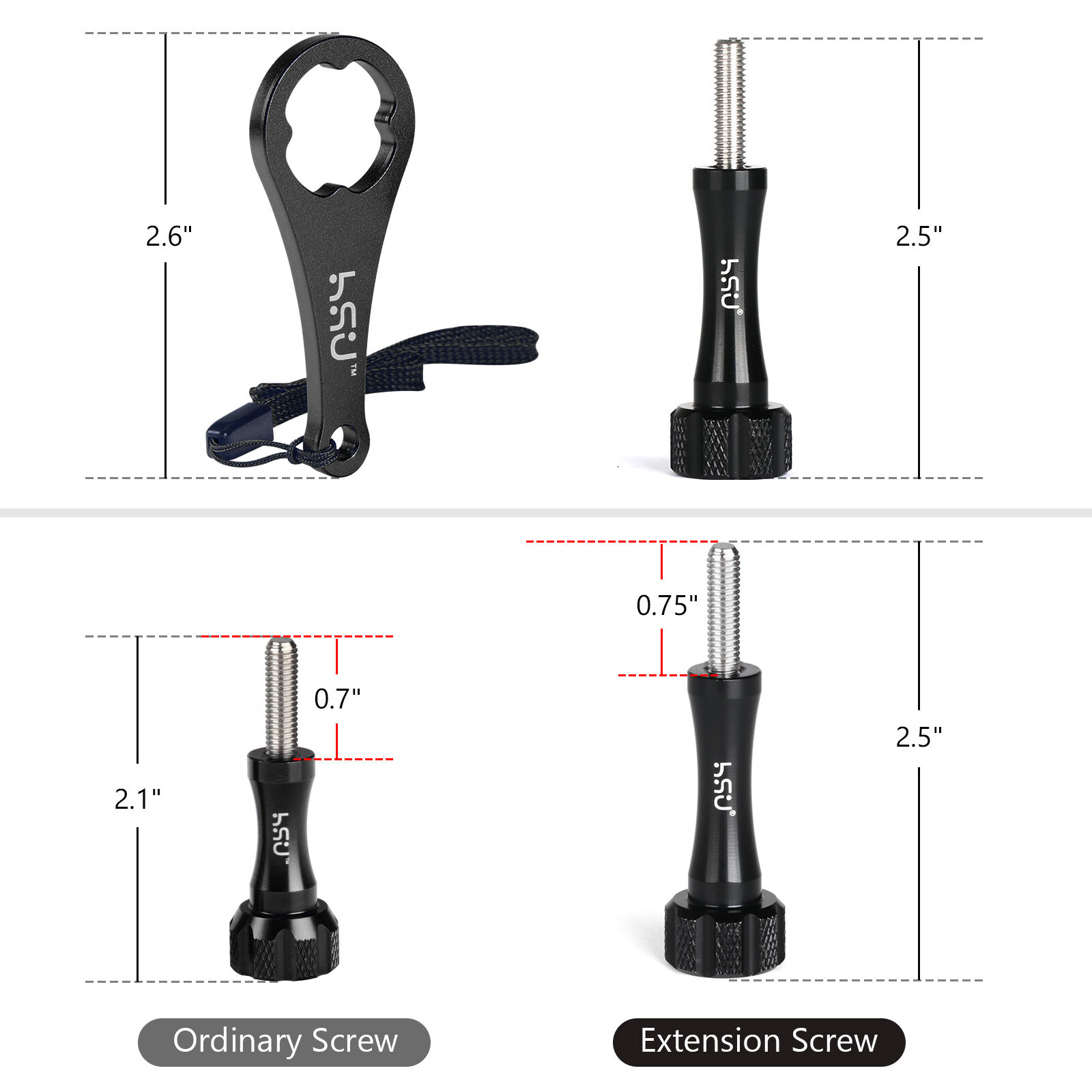 Conjunto de parafusos de liga de alumínio HSU (extensão) + chave para Gopro Hero 12, 11, 10, 9, 8, 7, 6, 5, 4