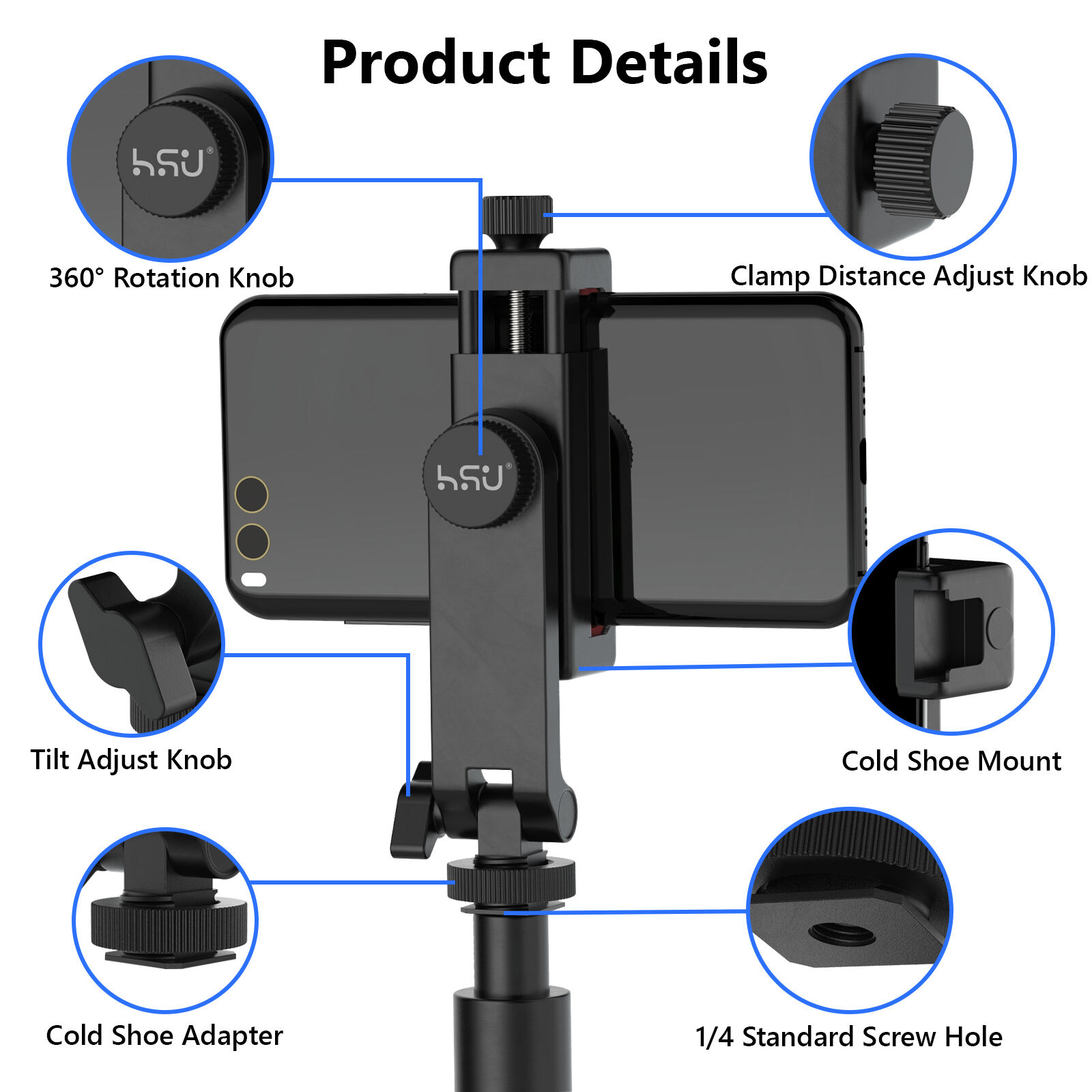 Adaptador de montagem de tripé universal para smartphone HSU Suporte de clipe de telefone com sapata fria para câmera digital