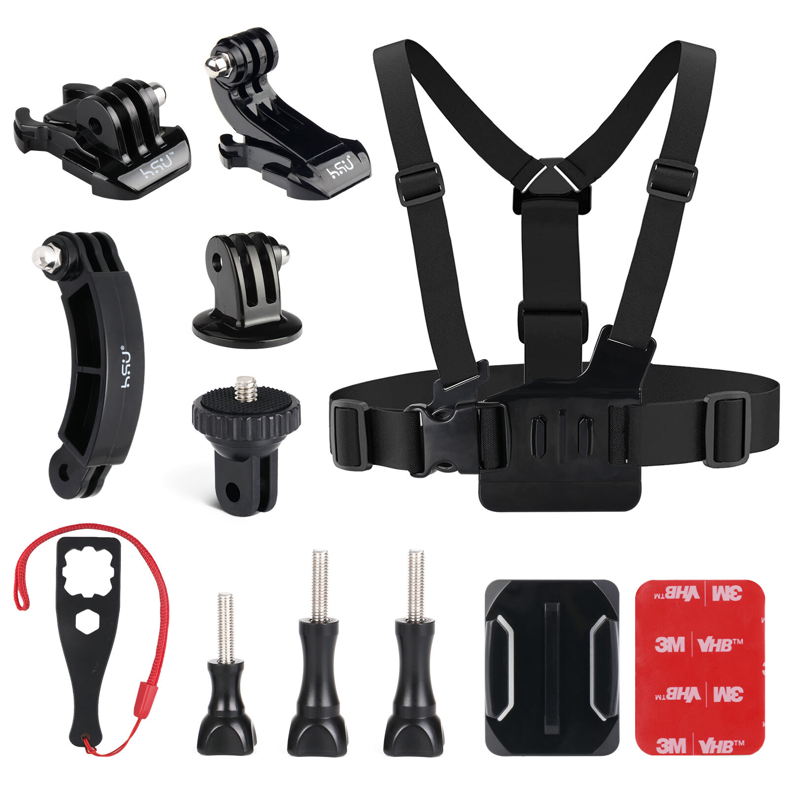 HSU Kit de montage pour caméra d'action pour moto, harnais de fixation pour sangle de poitrine pour GoPro Hero 12 11 10 9 8 7 6 5, bras d'extension Go Pro avec clip de boucle à dégagement rapide, support de base de base et support de caméra 1/4