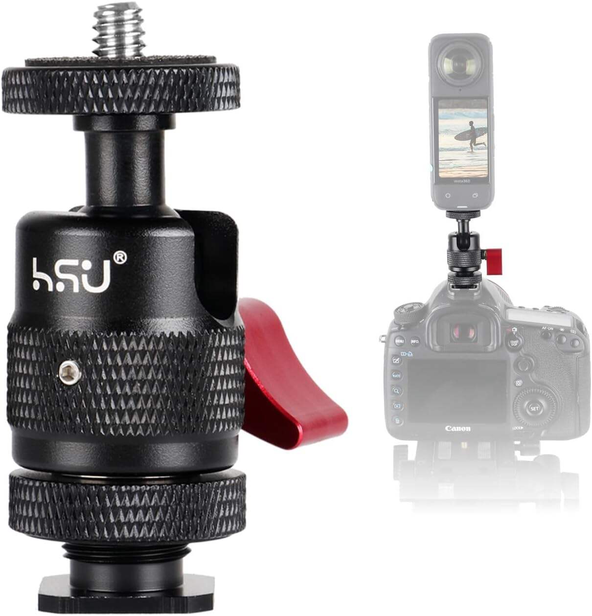 Adaptador de montagem de sapata fria HSU, alumínio 1/4”-20 furos de parafuso 360° rotação suporte de tripé de câmera para GoPro Osmo Action AKASO e outras câmeras de ação