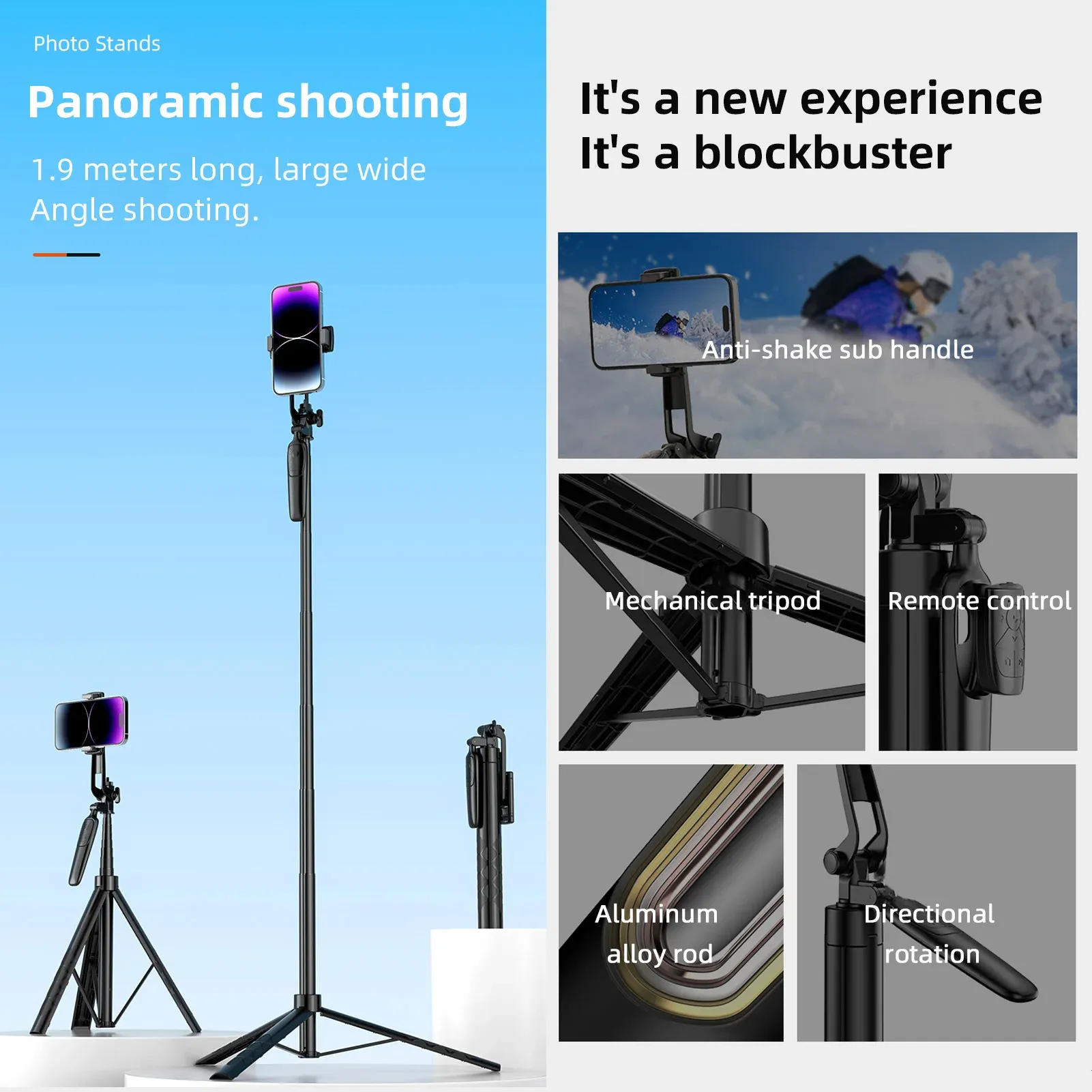 HSU Extendable Selfie Stick Tripod 190cm/75in Phone Tripod with Phone Clip 1/4in Screw  for Vlog Selfie Live Streaming