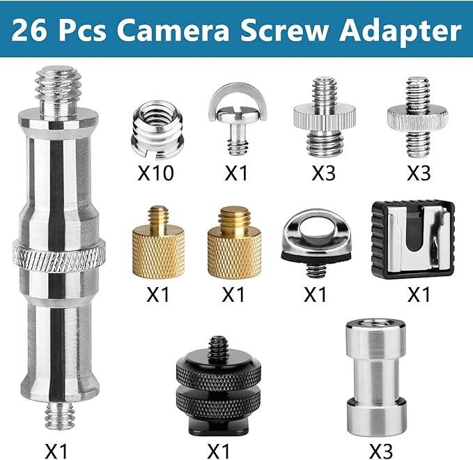 HSU 26PCS Camera Screws Mount Set 1/4 Inch and 3/8 Inch Threaded Converter Screws Adapter Flash Shoe Mount for DSLR Camera/Tripod/Monopod/Ballhead/Flash Light/Quick Release Plate