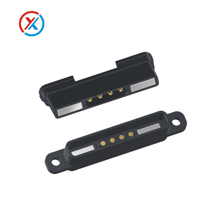 Custom 4-pin magnetic connector Mounting ear screws hold pogopin connectors male and female against suction charging