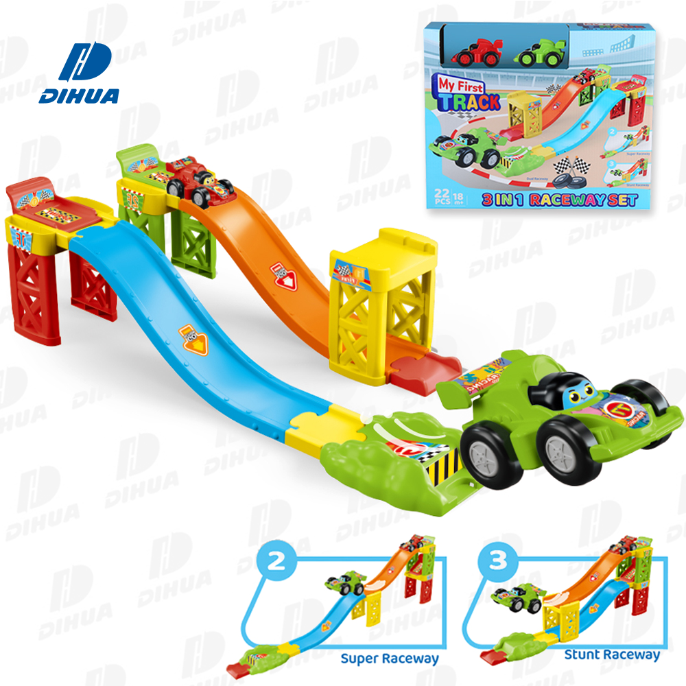 set de Pista de Carreras de Rueda Libre 3 en 1 con 2 Coches de Rueda Libre, Múltiples Combinaciones para Desafíos Interactivos de Carreras y Acrobacias para Niños