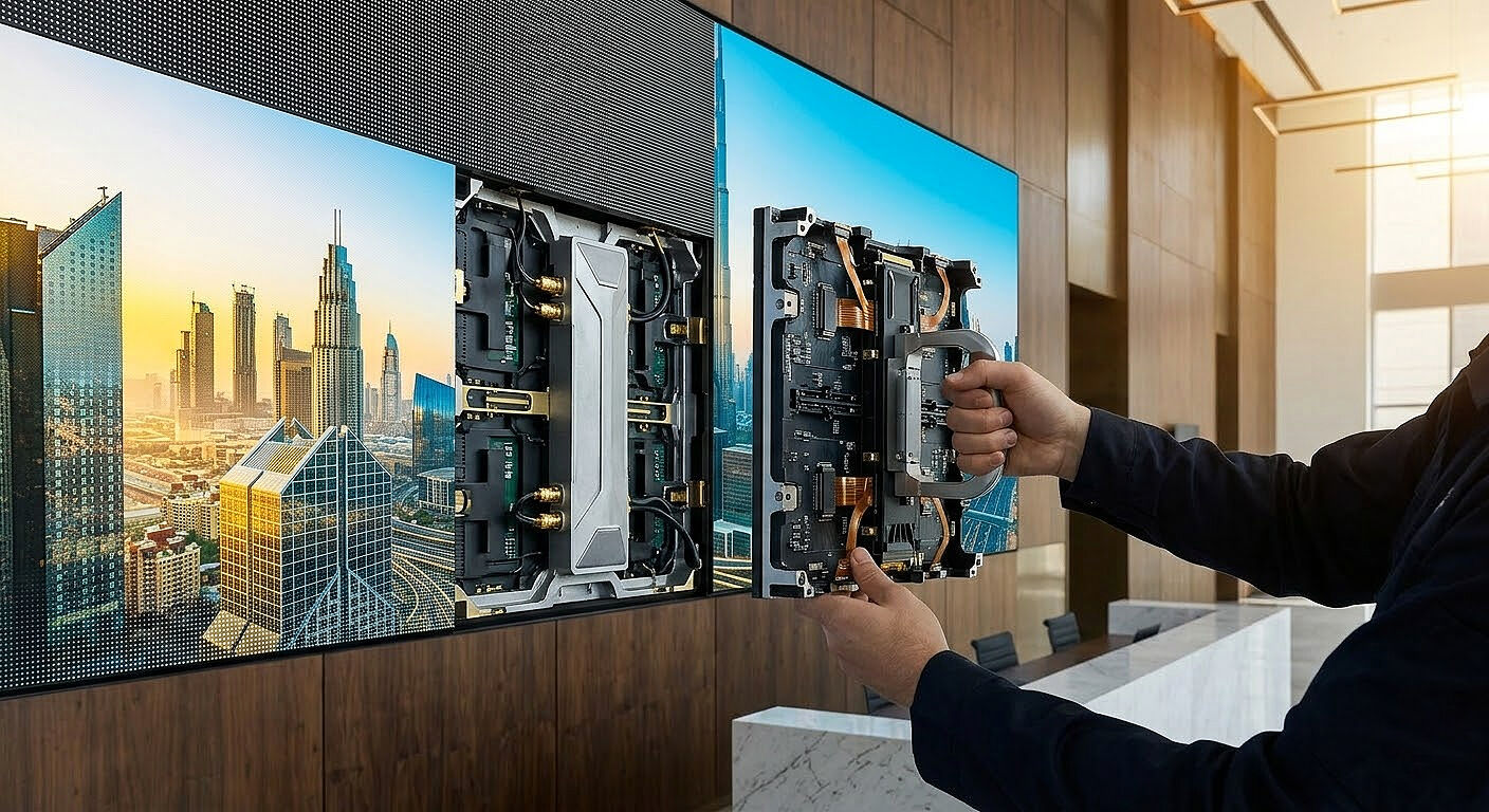 Magnetic front maintenance of a P2 LED module for the corporate lobby screen.jpg