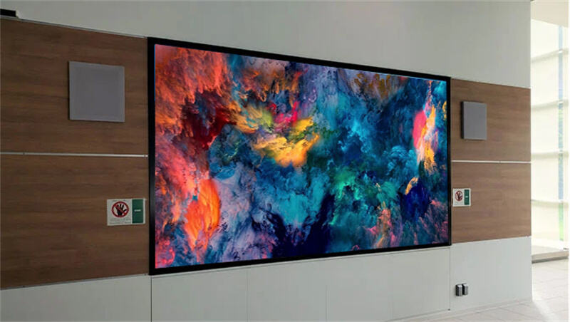 A fully installed 24 square meter P2.5 indoor LED video wall in a luxury corporate lobby, showcasing seamless 4K visual performance and vibrant branding.