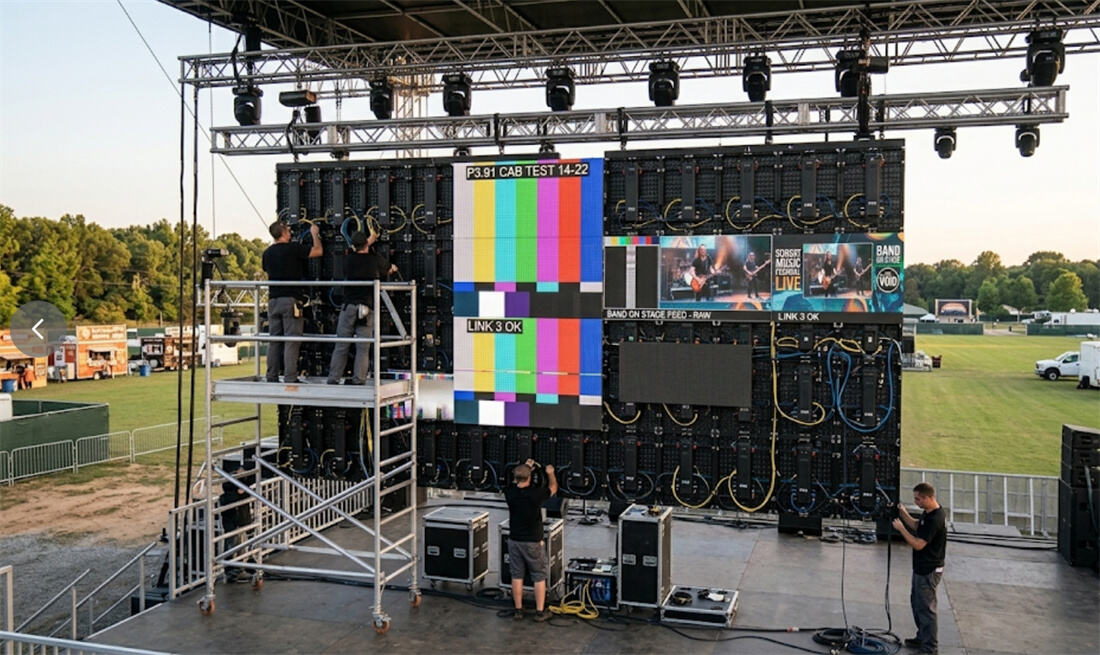 High brightness outdoor P3.91 rental LED display rigged on a massive festival stage, delivering vibrant and clear visuals under direct daylight.