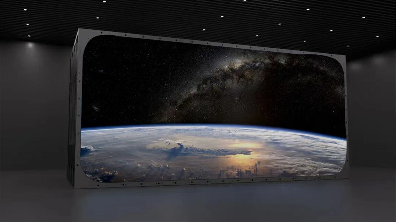 Visitors experiencing a 360-degree immersive LED display room with seamless screen splicing