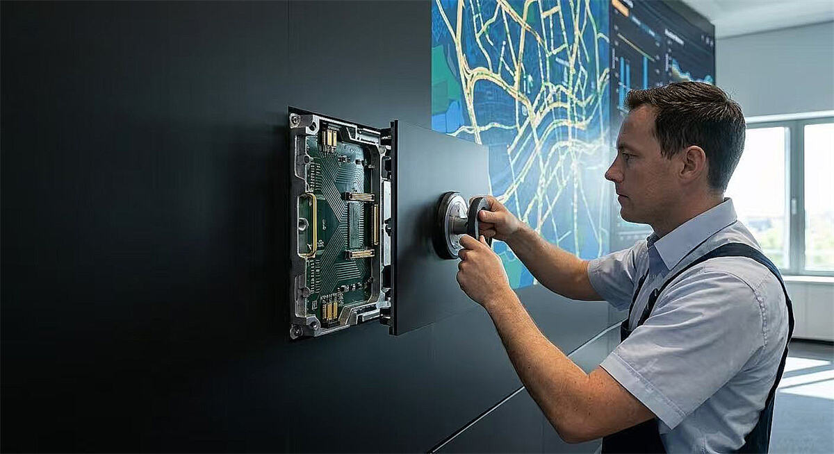 Magnetic front maintenance of a P1.3 COB LED module for the corporate lobby screen.jpg