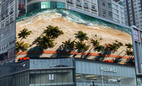 A dynamic Color Art custom Naked Eye 3D LED billboard installed on an outdoor city building corner at night, displaying a high-contrast spaceship animation with a realistic depth effect.