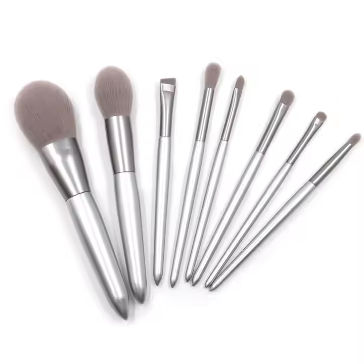 Hot Selling Vegan Silver 8-Pcs Aluminium Ferrule Makeup Brush Set