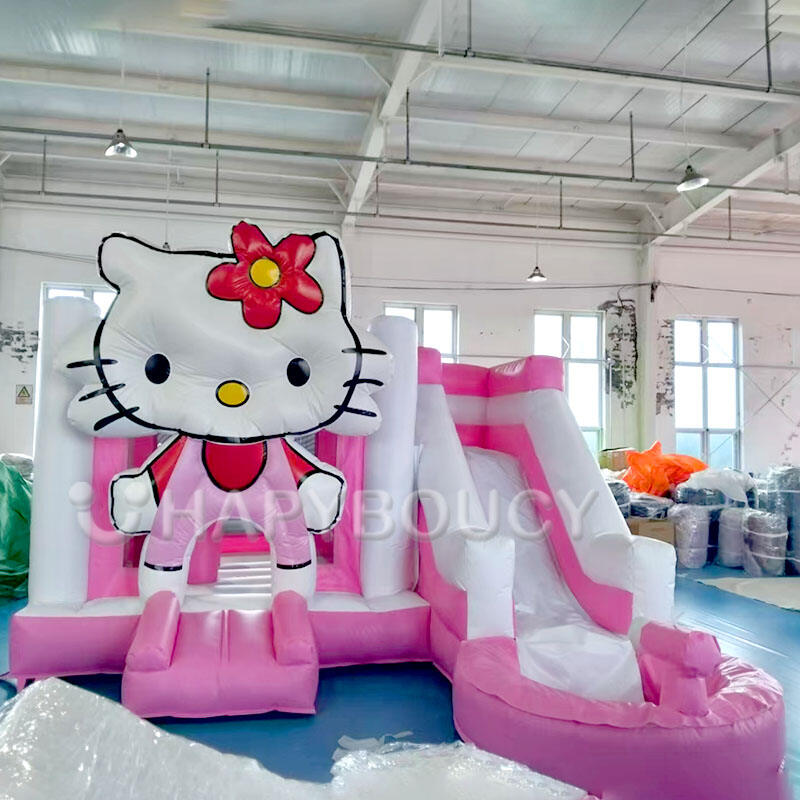 Kocie nadmuchiwane zamki skakanki z zjeżdżalnią i basenem – zestaw kolorowy różowy domek skakankowy Hello Kitty, nadmuchiwany artykuł do sprzedaży