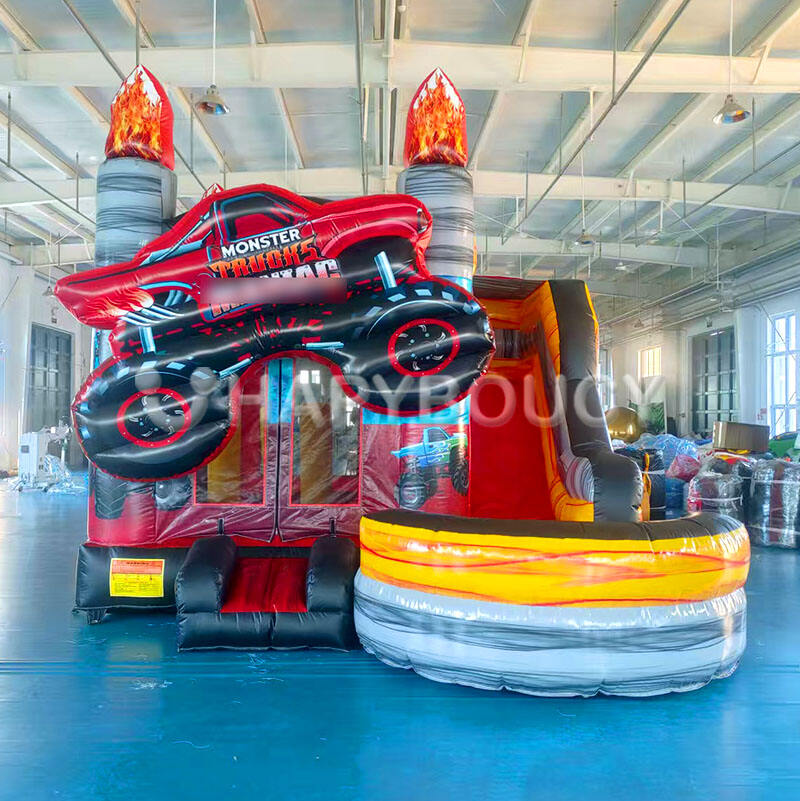 Manufacturer Monster Truck Inflatable Castle Bounce House With Dry Wet Slide Combo Outdoor Inflatable Bouncer for Sale