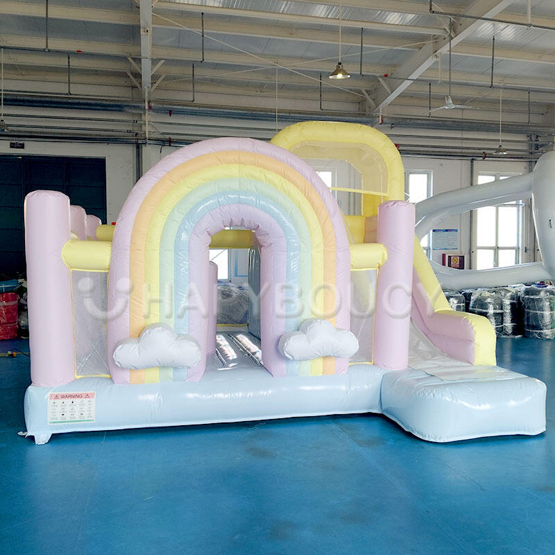 Pastel rainbow Inflatable Kid Bounce House Combo Kids Amusement Park Jumping Castle with Slide for Sale