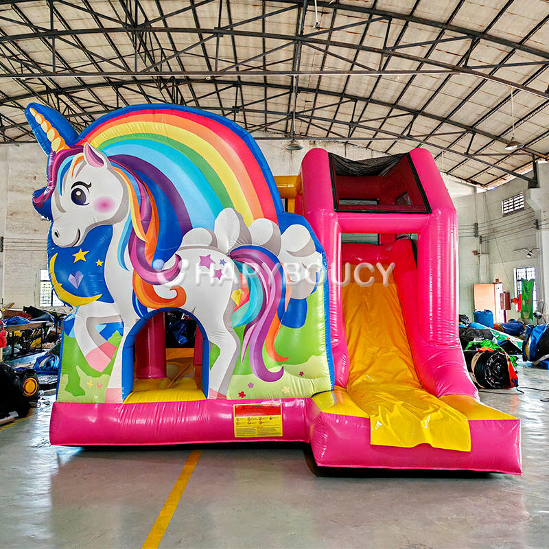 Rainbow Unicorn Bounce House with Slide Pink Inflatable Rainbow Jumping Castle for Sale