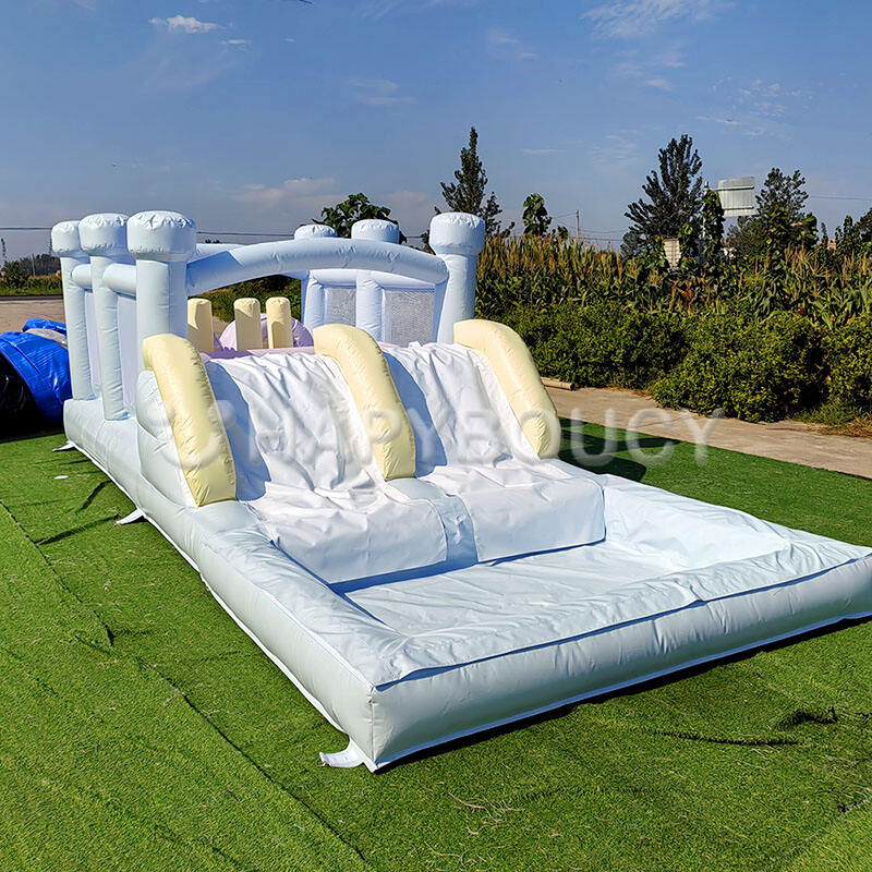 Blue Inflatable Bouncer Jumping Castle Pastel Inflatable Obstacle Course with Water Slide Pool