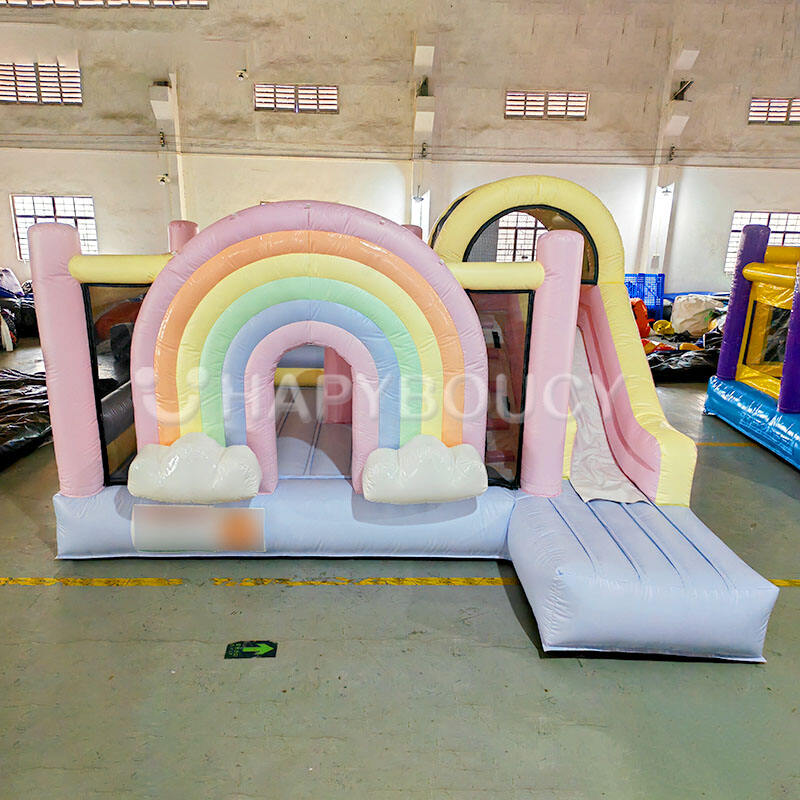 Pastel rainbow Inflatable Kid Bounce House Combo Kids Amusement Park Jumping Castle with Slide for Sale