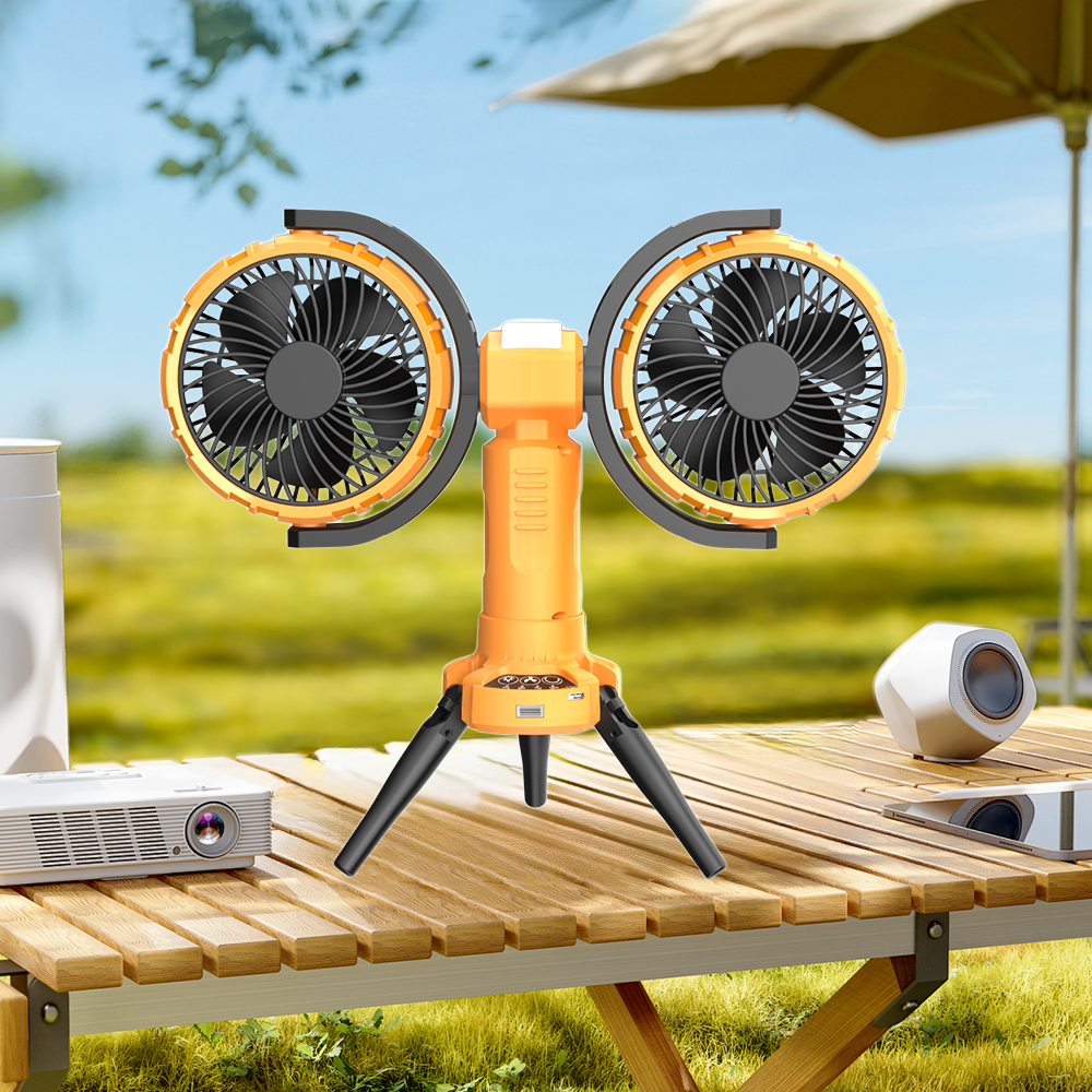 Novo produto Portátil Oscilante Dual Heads 8000 Mah Rechargeable exterior Tripod Camping Fan com Bateria e Luz LED