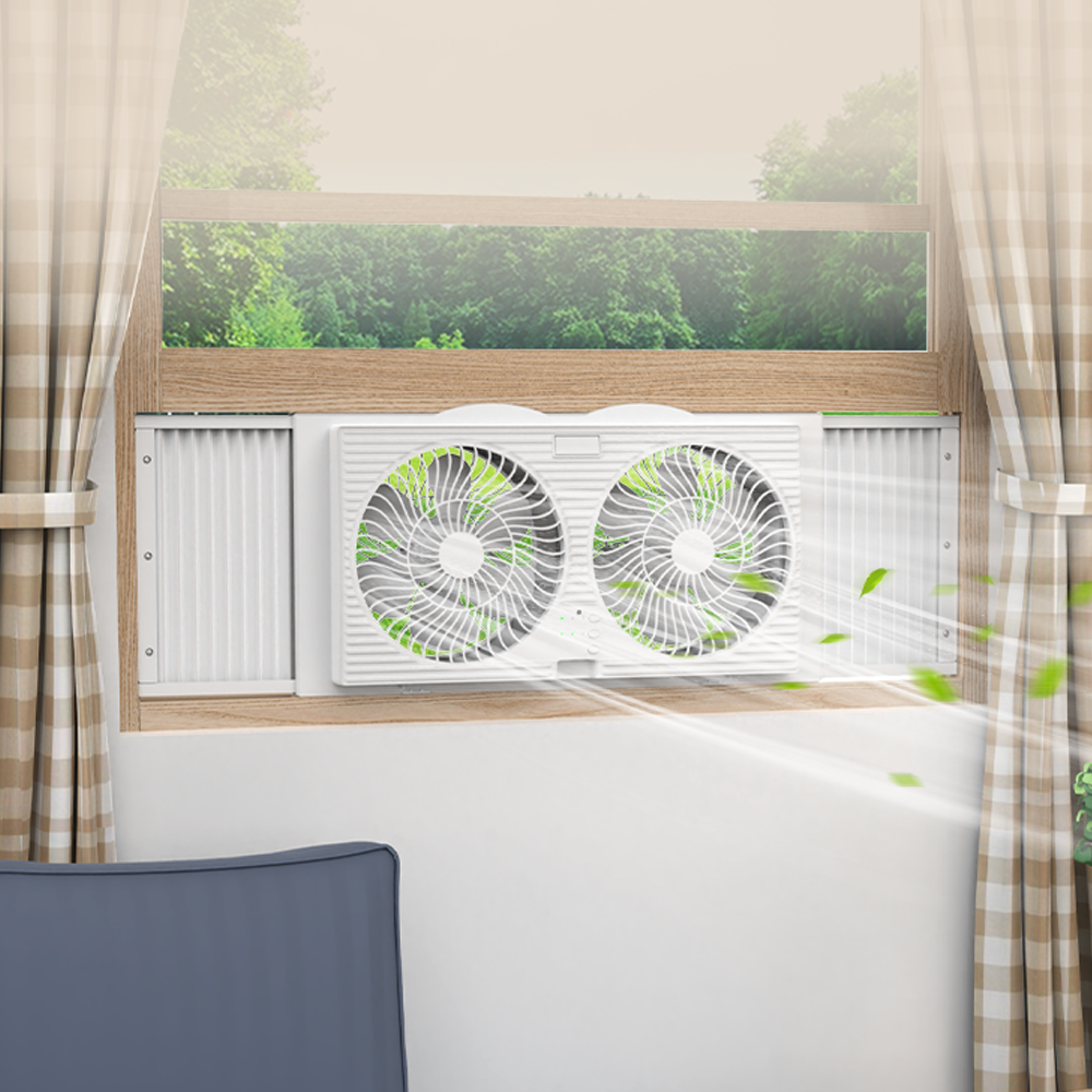 Low Noise Plastik 9Inch Dapur Bilik mandi DC Exhaust Fan Twin Window Fan Dengan Kawalan Aliran Udara Balik