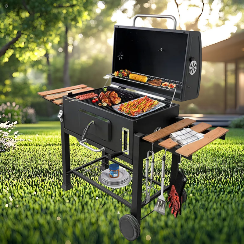 SCB-02-03 Gran Carrito de Barbacoa a Carbón con Mesa de Madera