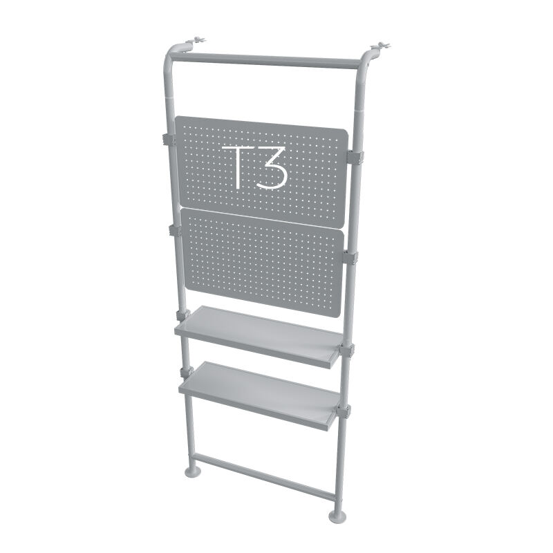 Retail stofverlichte doos met buisframe, TV-houder en planken