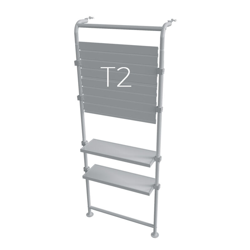 Retail stofverlichte doos met buisframe, TV-houder en planken