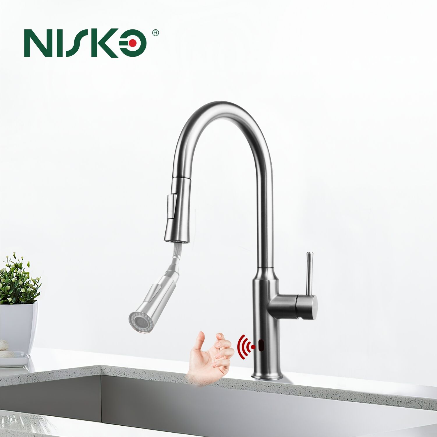 Hand Sensor Stainless Steel Brushed Nickel Kitchen Faucet 